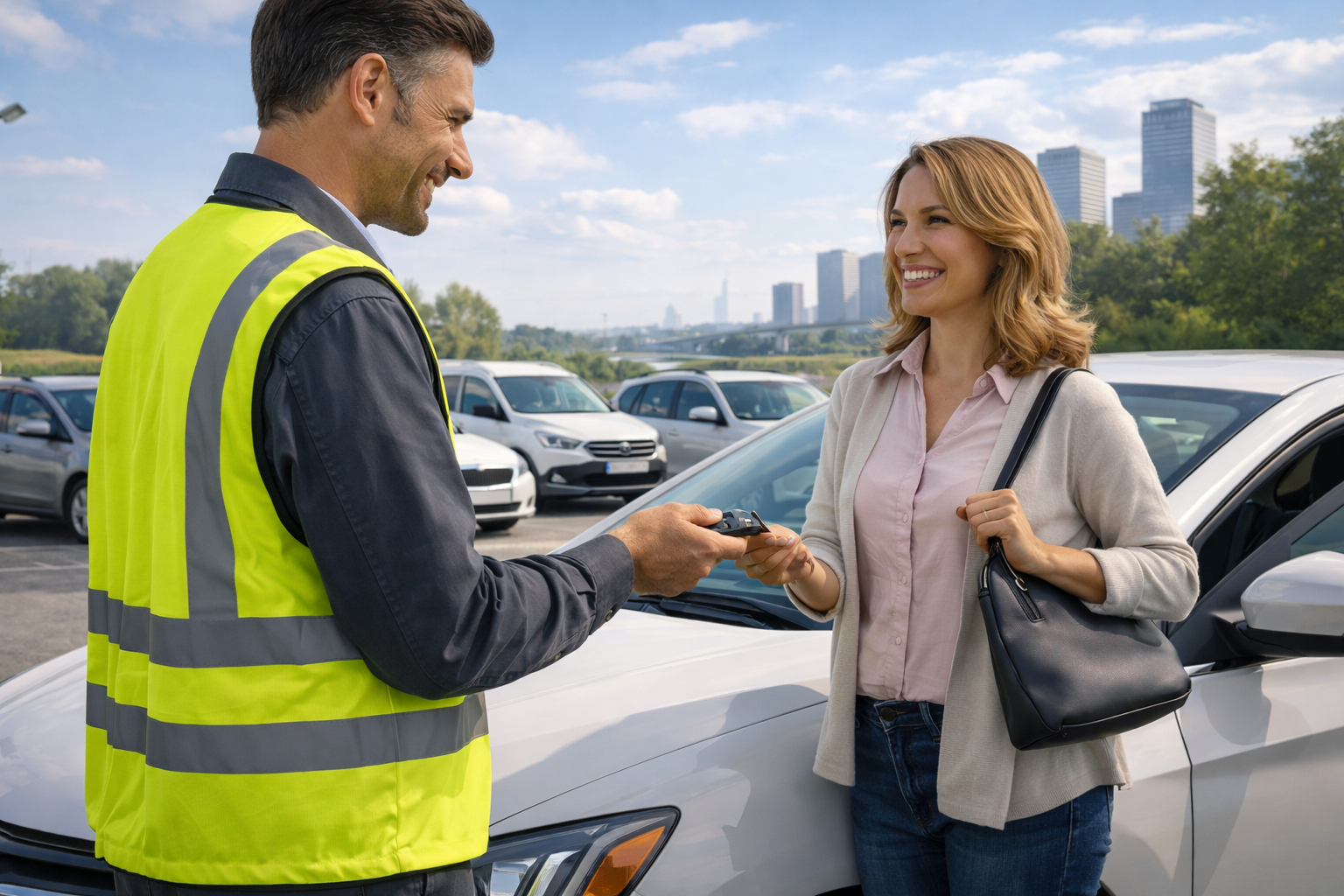 קצין בטיחות בתעבורה מבצע בקרה ותיעוד מול צי רכבים חונה בחניון ארגוני