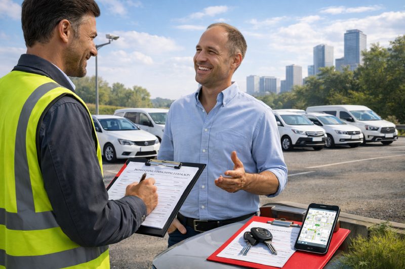 קצין בטיחות בתעבורה בפגישה מקצועית עם מנהל צי רכב ליד מסמכים ורכבי חברה