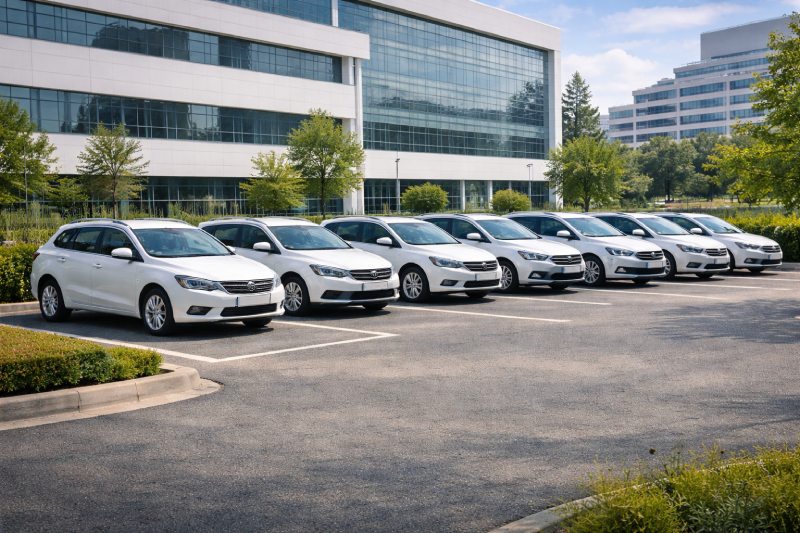 קצין בטיחות בתעבורה מוסר מפתח לעובדת ליד רכב חברה בחניון ארגוני